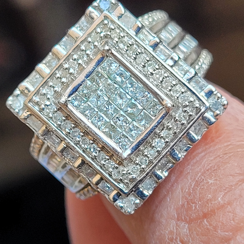 Sterling Silver Natural Diamond Baguette Princess Cut Halo Travling Ring